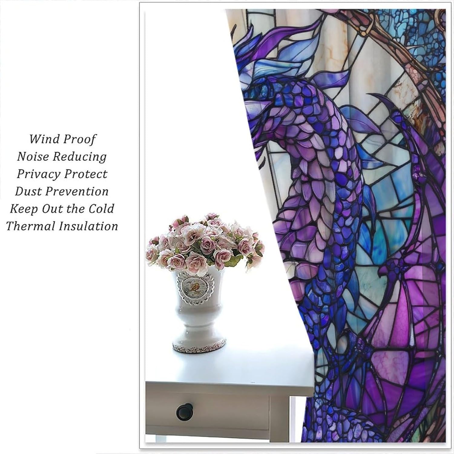 Dragon Blackout Curtains for Boys,Fantasy Purple Mythic Glass Mural Magic Scale Flying Dragon Window Treatments Print for Kids Teenage Bedroom Living Room 42x54in