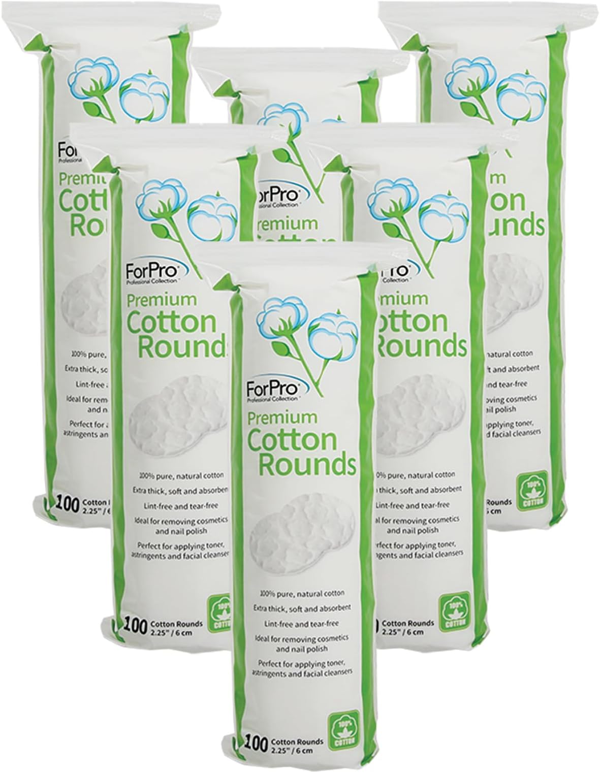 Premium Cotton Rounds, 100% Cotton, Non-Tearing, Lint-Free, for Cosmetic, Nail, and Personal Use, 2.25”, 600-Count (Pack of 6-100 Rounds)