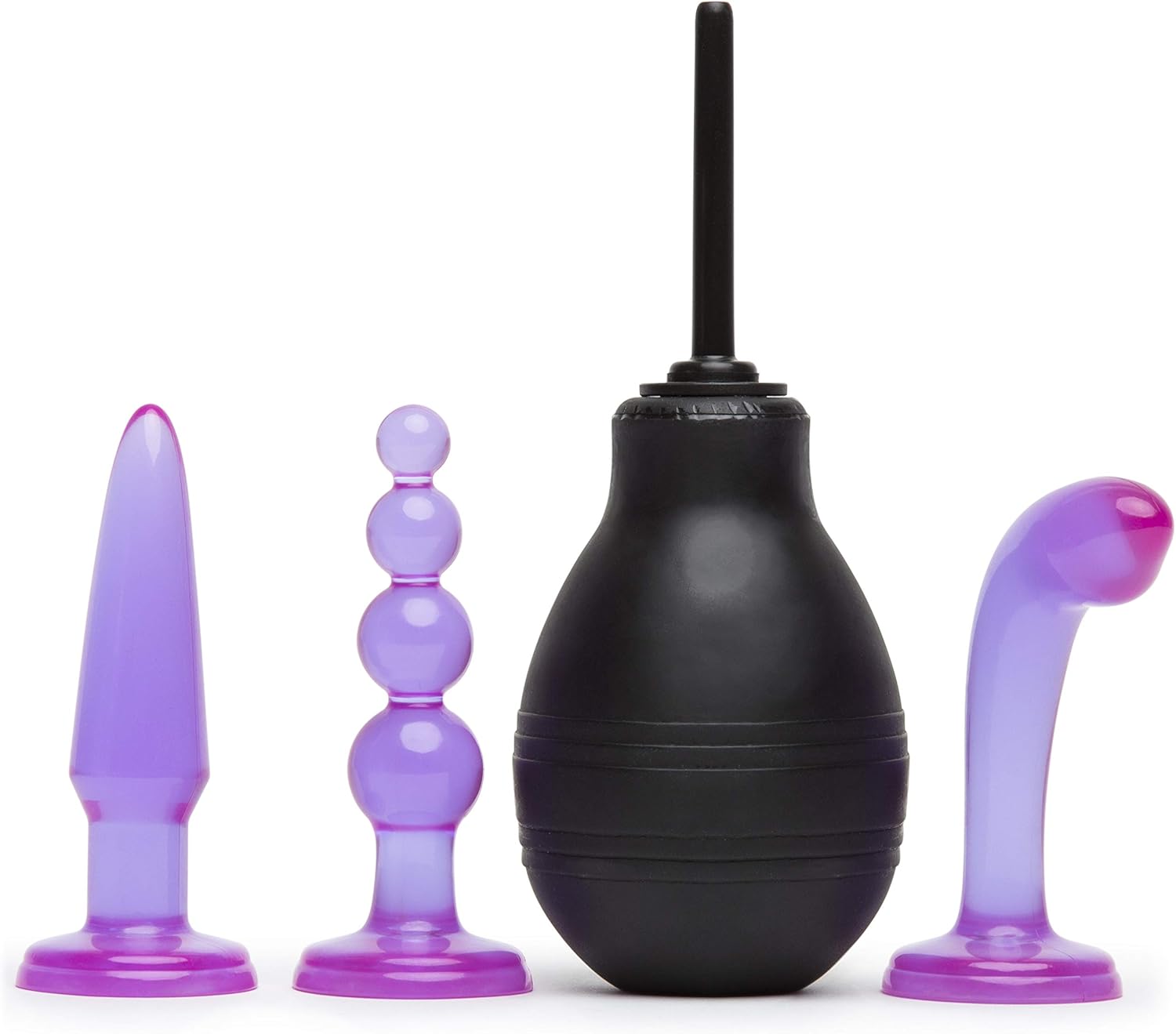Lovehoney 4 Piece Anal Toys Kit - with 3X 4 Inch Butt Plugs & Douche - with Flared Base & Waterproof - Purple