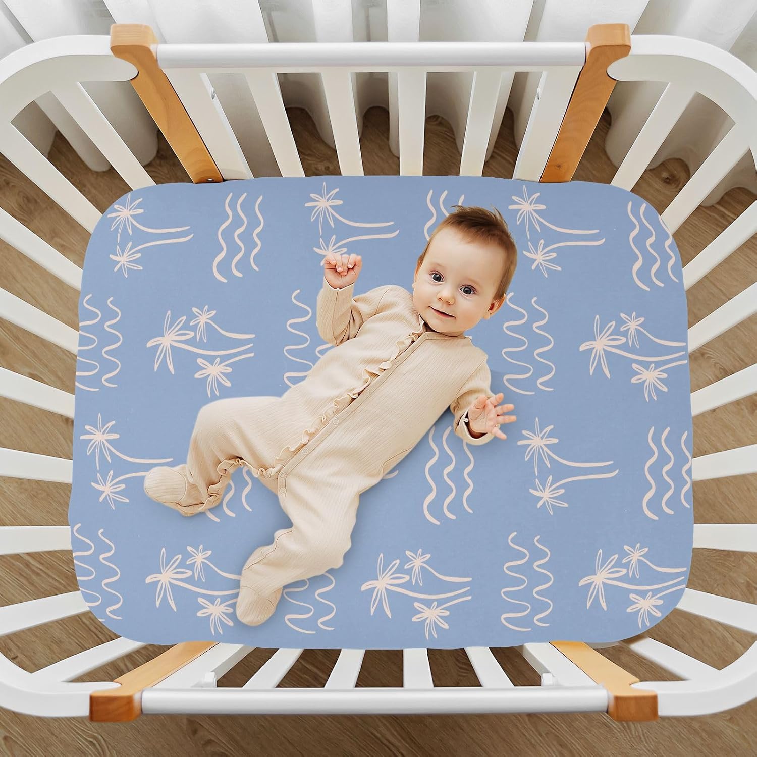 Palm Tree Ocean Waves Boho Fitted Crib Sheets Stretchy Portable Playard Sheets for Baby Toddler, Breathable Soft Mini Crib Mattress 52 x 28 in for Boys and Girls