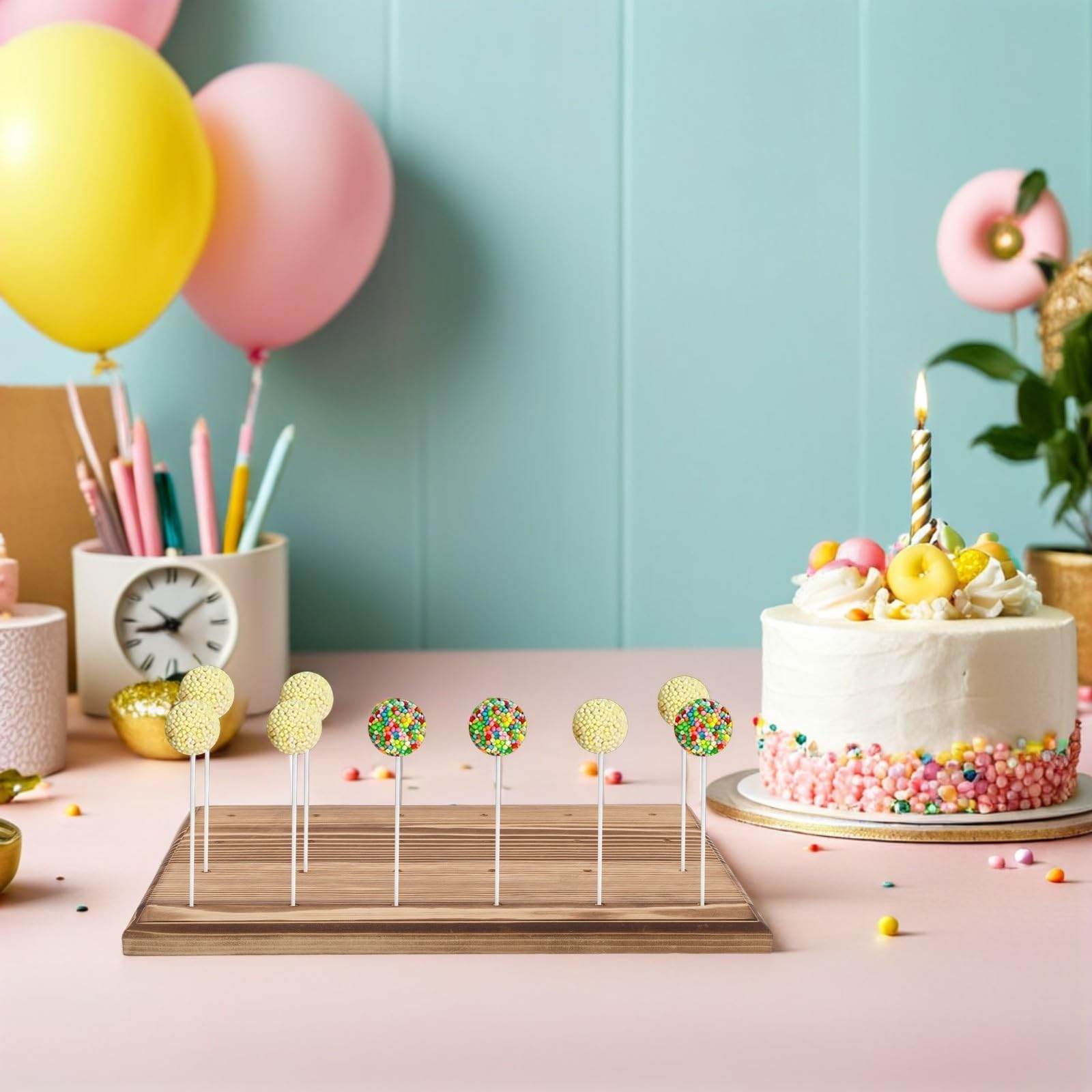 Cake Pop Ständer Inklusive 100 Stielen und 100 Treat Taschen Sicher und Stabil mit 24 Löchern Natürliche und Elegante Party Deko für Showers