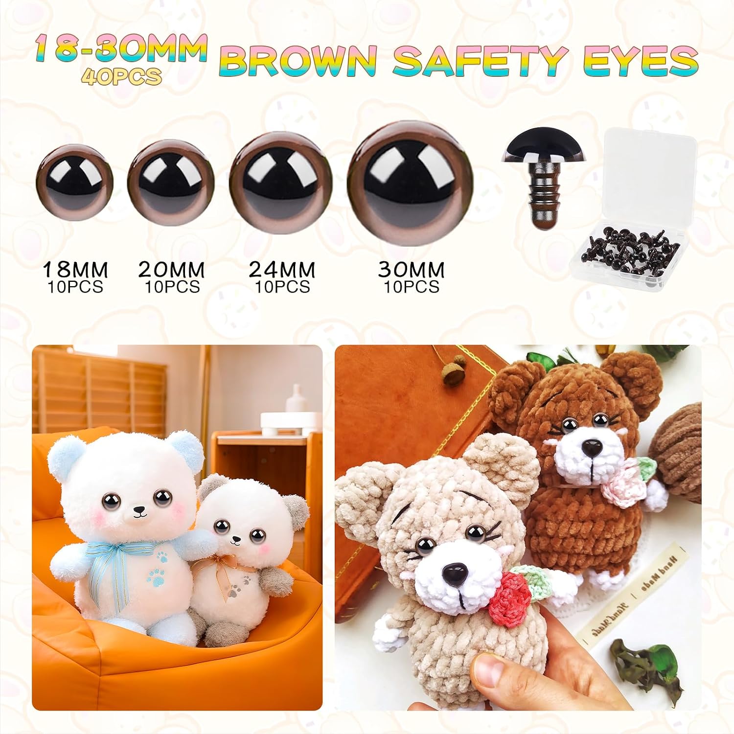 MUCUNNIA 80pcs 18-30mm Brown Safety Eyes for Crocheting with Washers