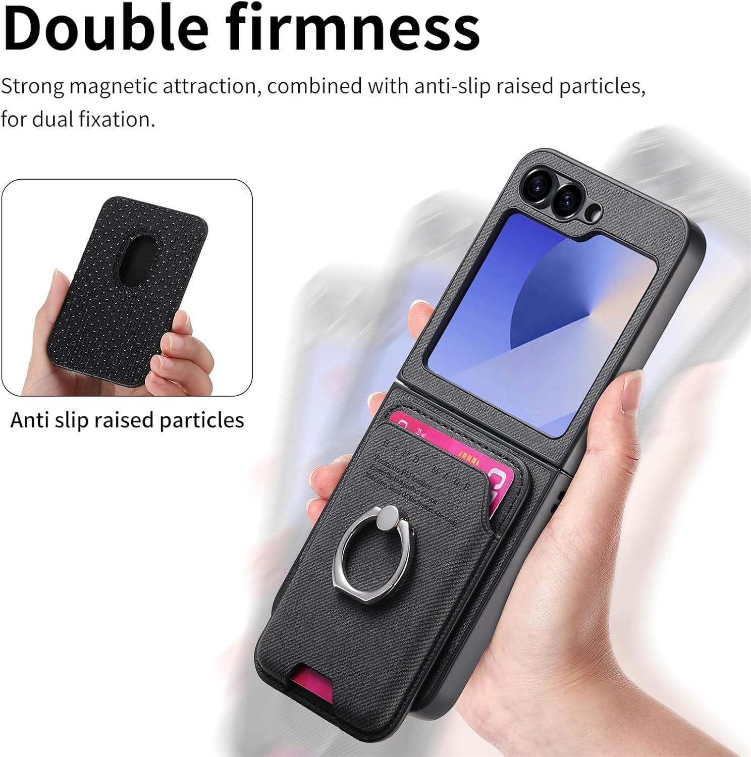 Asuwish Compatible with Samsung Galaxy Z Flip 5 5G 2023 Wallet Case and Detachable Card Holder Slot Magnetic Back Protective Case Ring Stand Kickstand Phone Cover for ZFlip5 Z5 G Flip5 Women Men Black