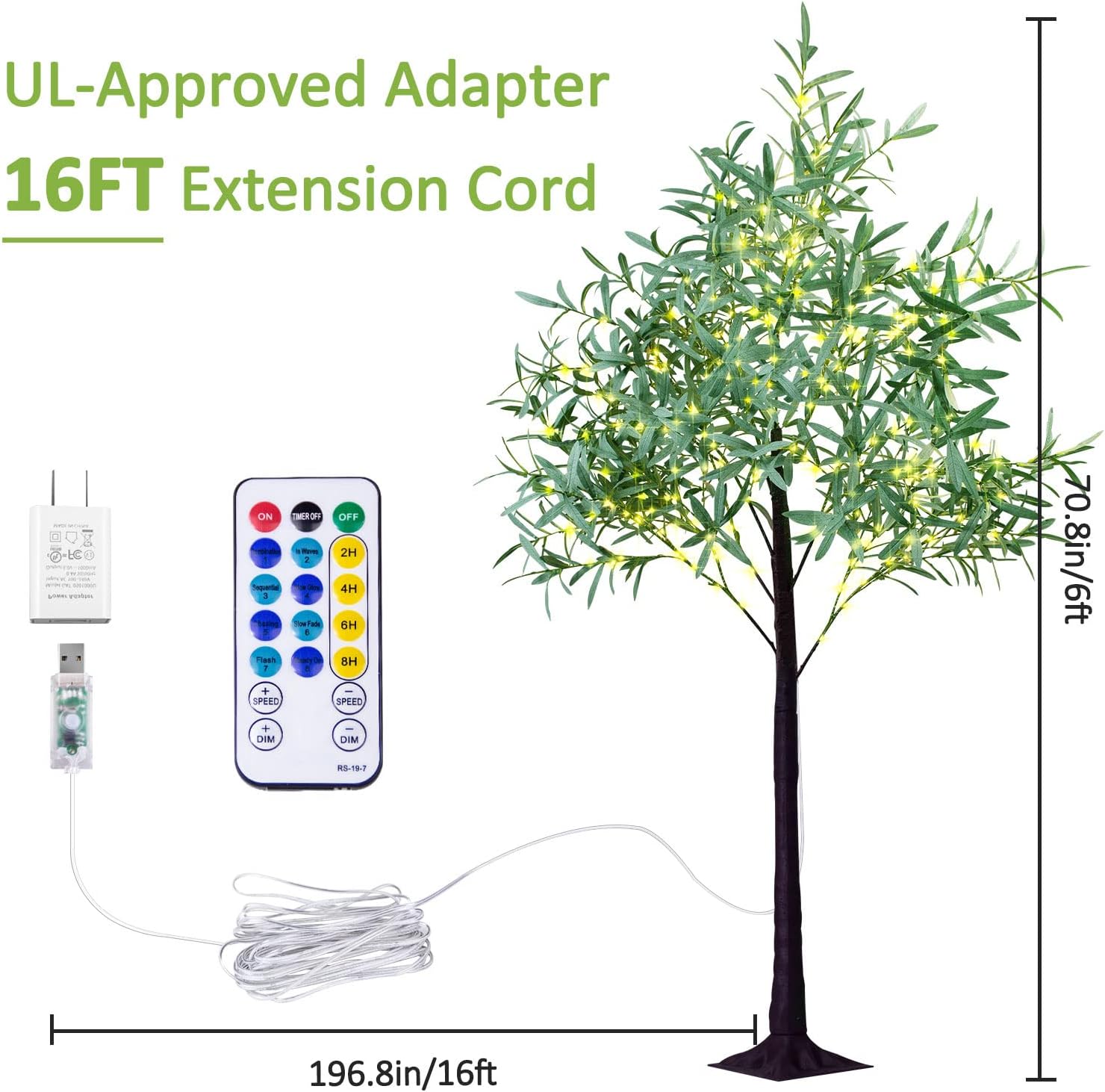 FastDeng 6FT Lighted Olive Tree - Artificial Tree 240 Warm White LEDs, Remote Control Faux Greenery Plant, 8 Twinkle Modes, 4 Timers, Dimmable, 16FT Extension Cord for Indoor Outdoor Year Round Decor