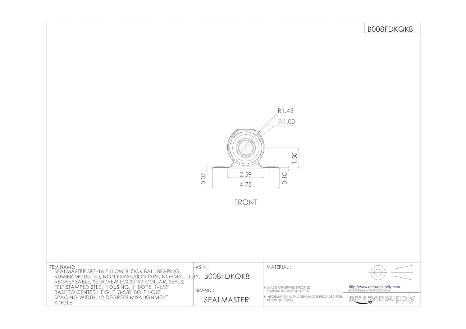 Sealmaster SRP-16 Pillow Block Ball Bearing, Rubber Mounted, Non-Expansion Type, Normal-Duty, Regreasable, Setscrew Locking Collar, Felt Seals, Stamped Steel Housing, 1" Bore, 1-1/2" Base to Center Height, 3-5/8" Bolt Hole Spacing Width, ±2 degrees Misalignment Angle