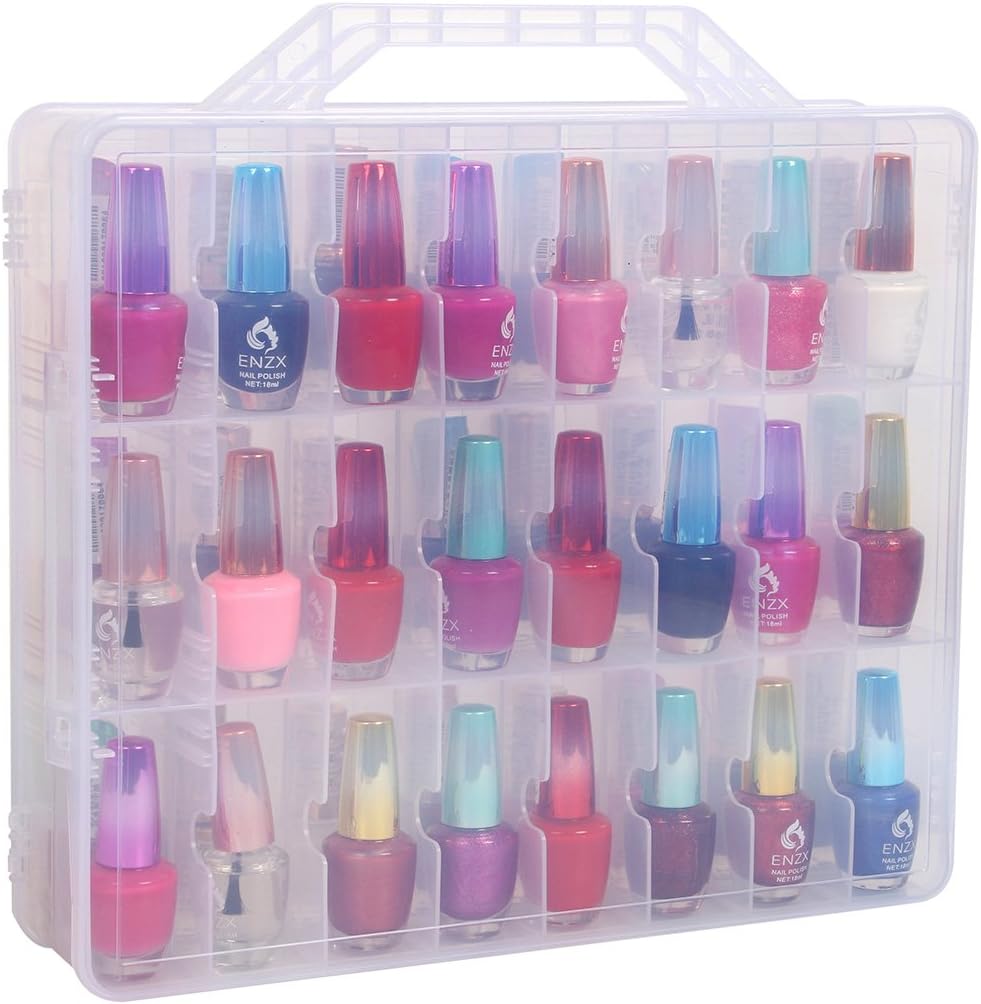 Acrylic Nail Polish Cosmetic Storage Holder - SUNKCCI Portable Universal Clear Polish Organizer Box, 48 Bottles Large Size Adjustable Dividers Case