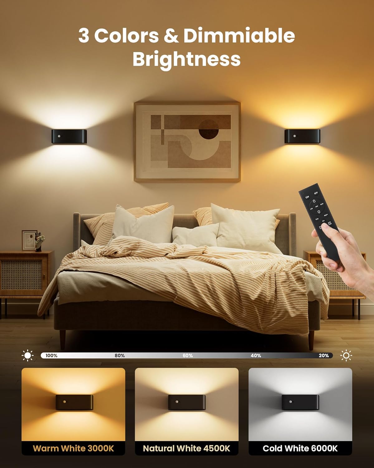 Motion Sensor Wall Sconce Indoor with Remote Control 3 Colors Wireless Wall Light LED Wall Sconces Rechargeable 8000mAh Battery Operateded Wall Lamps Brightness Adjustable for Bedroom