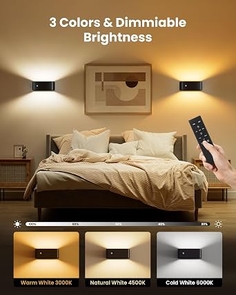 PopoIron Motion Sensor Wall Sconce Indoor with Remote Control 3 Colors Wireless Wall Light LED Wall Sconces Rechargeable 8000mAh Battery Operateded Wall Lamps Brightness Adjustable for Bedroom