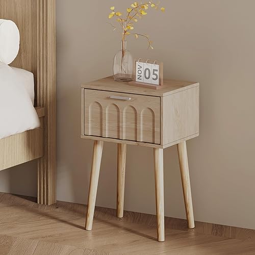 Miniatura 7 de LAATOOREE Juego de 2 mesitas de noche, mesa auxiliar de cama pequeña con puerta de arco, mesa auxiliar de mediados de siglo con patas de madera para