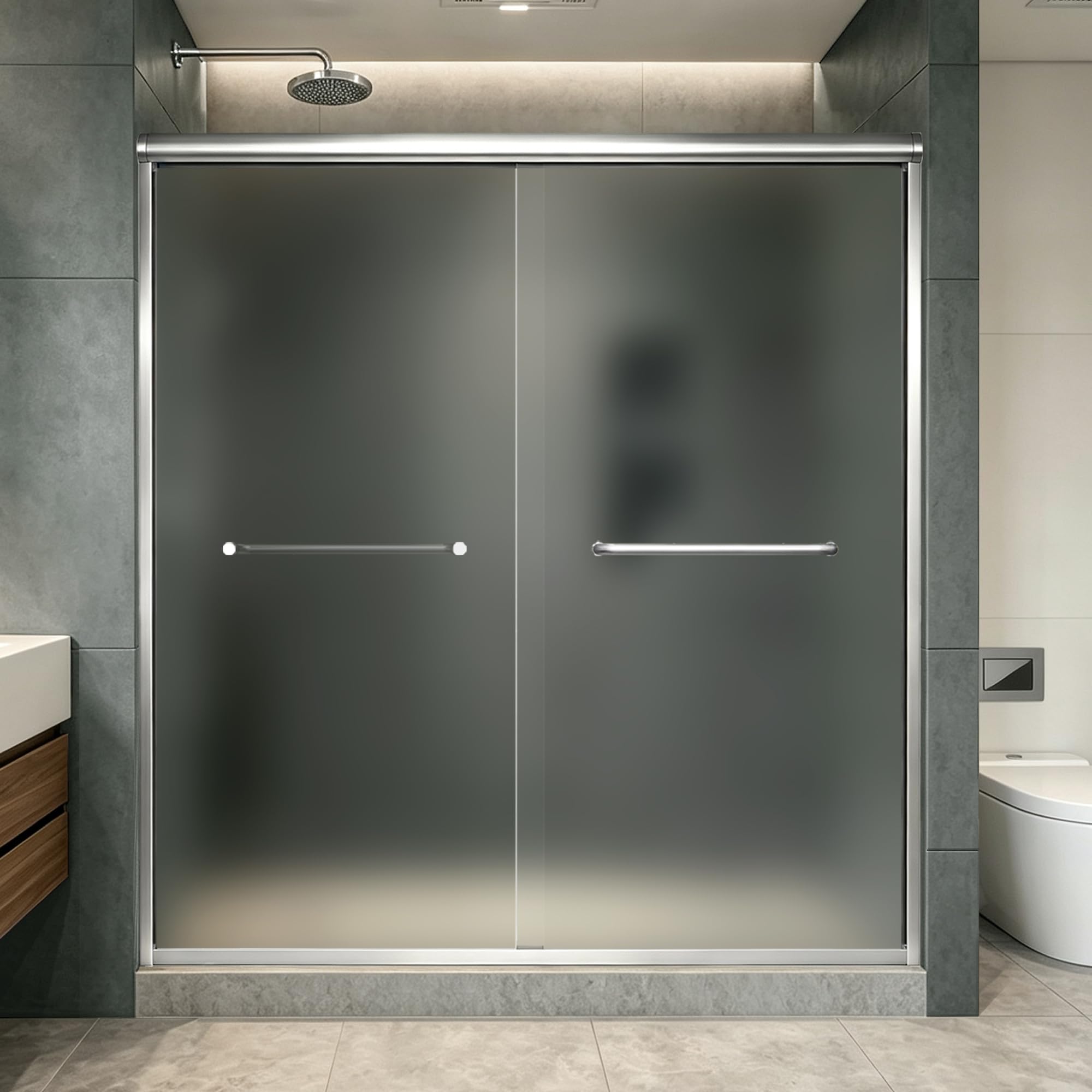 Frosted Double Sliding Shower Door 61-61-66" W x 70" H, Chrome Finish, Bypass Shower Door, Framed, 1/4" (6mm) Tempered Glass