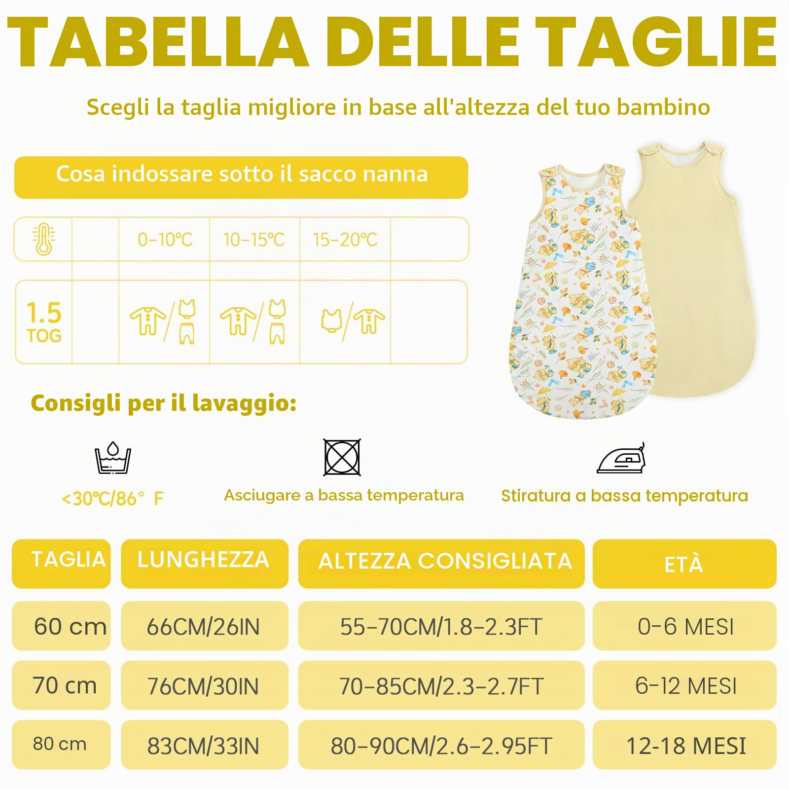 WYTbaby 2er Pack Sacco nanna per neonati 1.5 Tog Sacco nanna per tutto l'anno Morbido 100% cotone Sacco nanna per neonati Inverno per neonati maschi e femmine 0-18 mesi, giallo., 80 cm/12–18 Monate