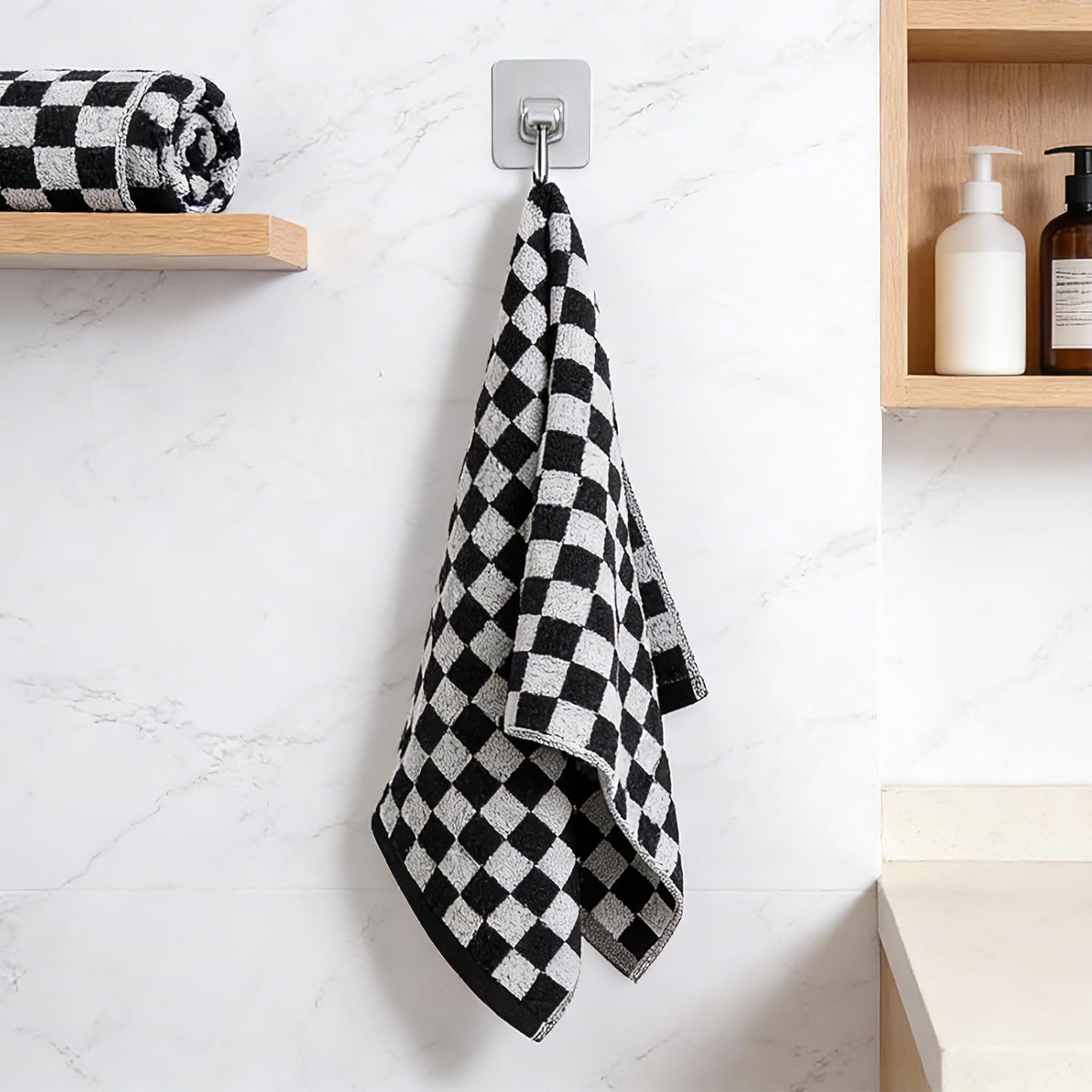 Sucrain 2 Pcs Checkered Hand Towels Black and White Bath Towels Cotton Soft Absorbent Towel for Bathroom Kitchen Decorative,13.8" x 29.5"