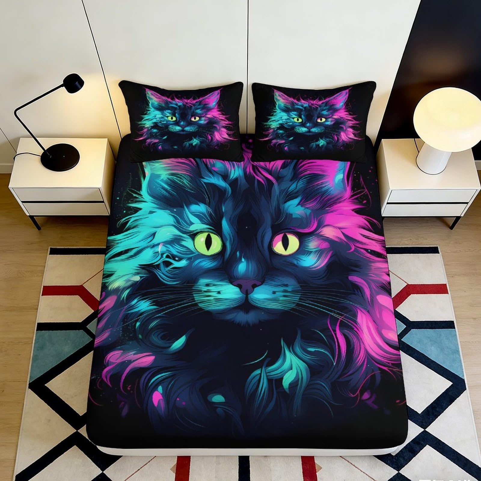 3D Printed Neon Cat Fitted Sheet Microfiber Vibrant Animal Mattress Cover Anti-Slip Washable for Bedroom Guest Room 90x200x25cm