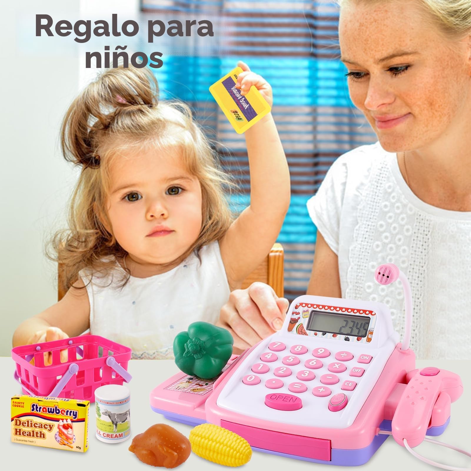 HYAKIDS Caja Registradora Juguetes 3 Años, Máquina Registradora Infantil con Luz y Sonido, Escáner, Supermercado Juguete Tienda Regalo para Niños Niñas Rosa