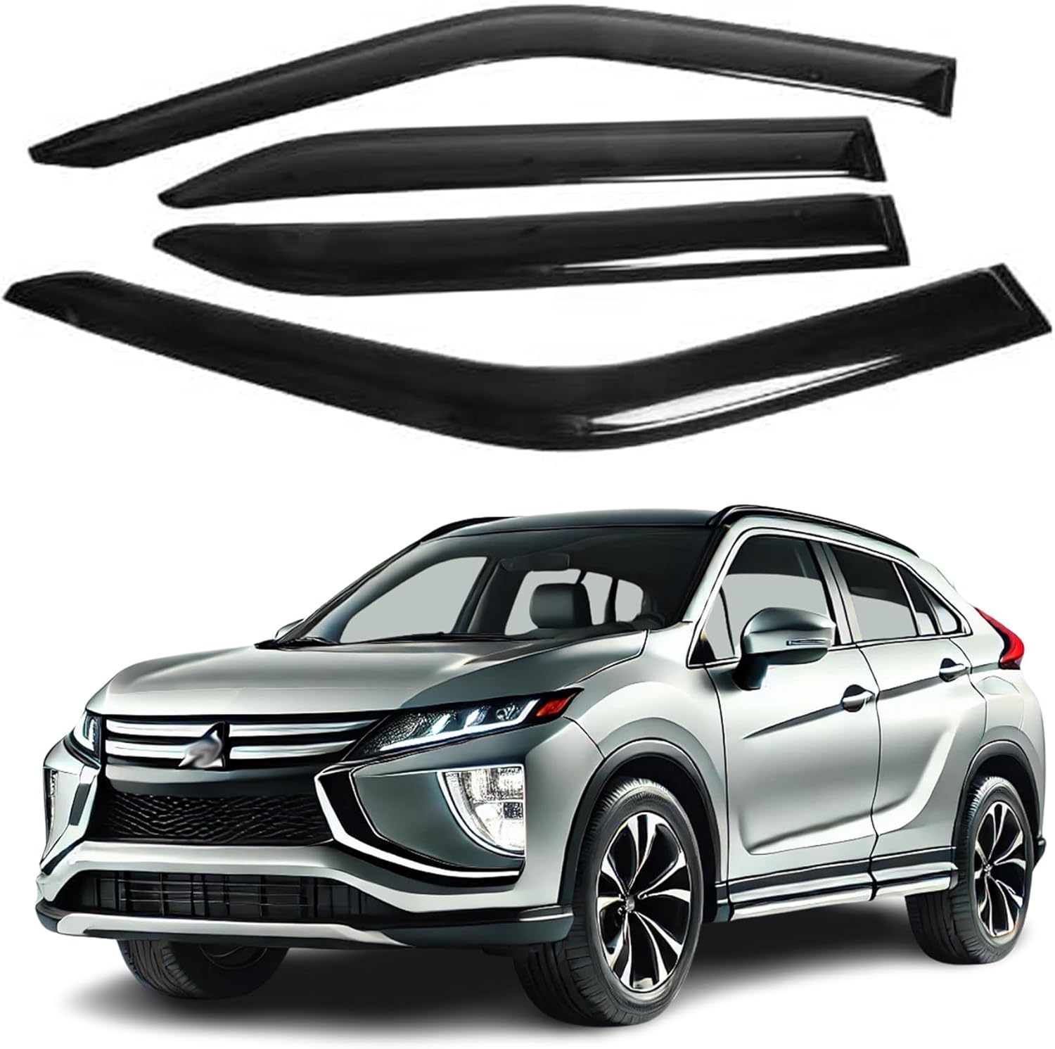 Fits for Mitsubishi Eclipse Cross 2018 2019 2020 2021 2022 2023 Acrylic 2 mm Thickened Safe Smoke Window Visor Set - Sun, Rain, and Vent Protection, 4-Pieces Tape-On Window Deflector Guard Kit