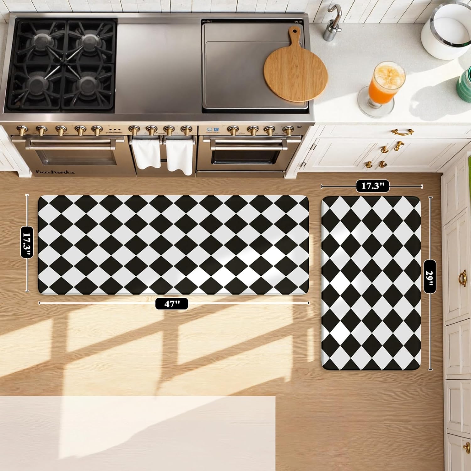 KIMODE Farmhouse Kitchen Rugs, Anti-Fatigue Kitchen Mats, Non-Slip, Cushioned Standing Mat, 17x47 17x29, Black Diamond Check