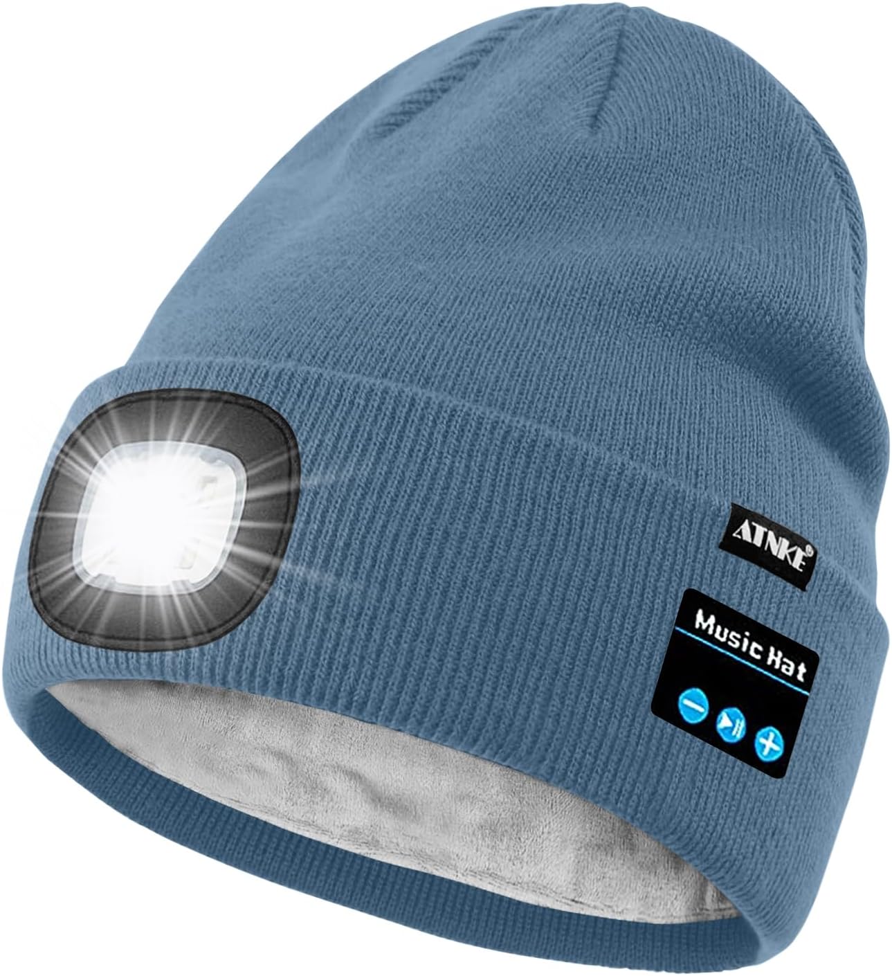 ATNKE LED Lighted Bluetooth Beanie Hat,USB Rechargeable 4 LED Wireless Run Headlamp Lined Fleece Cap for Men and Women