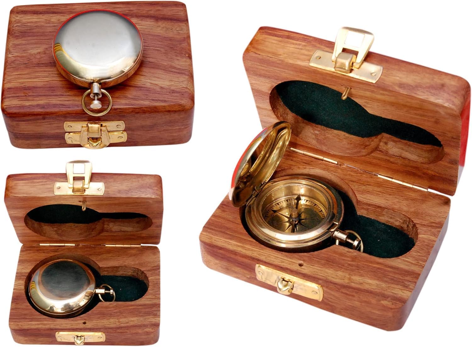 Brass Nautical Compass with Wooden Case - Antique Brass & Copper Sun Clock for Camping, Hiking, Touring - Engraved Gift for Him - Nautical Clock - Compass