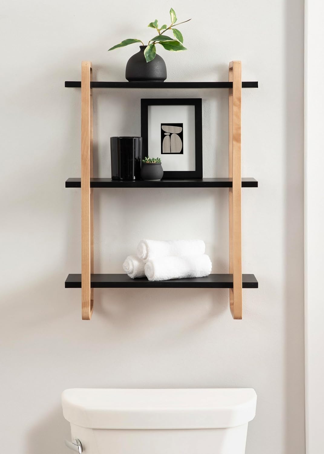 Kate and Laurel Summit Modern Three-Tier Wall Shelf, 18 x 6 x 25, Black and Natural Wood, Transitional Decorative Multi-Tiered Storage Shelf Wall Organizer for Decor and Display