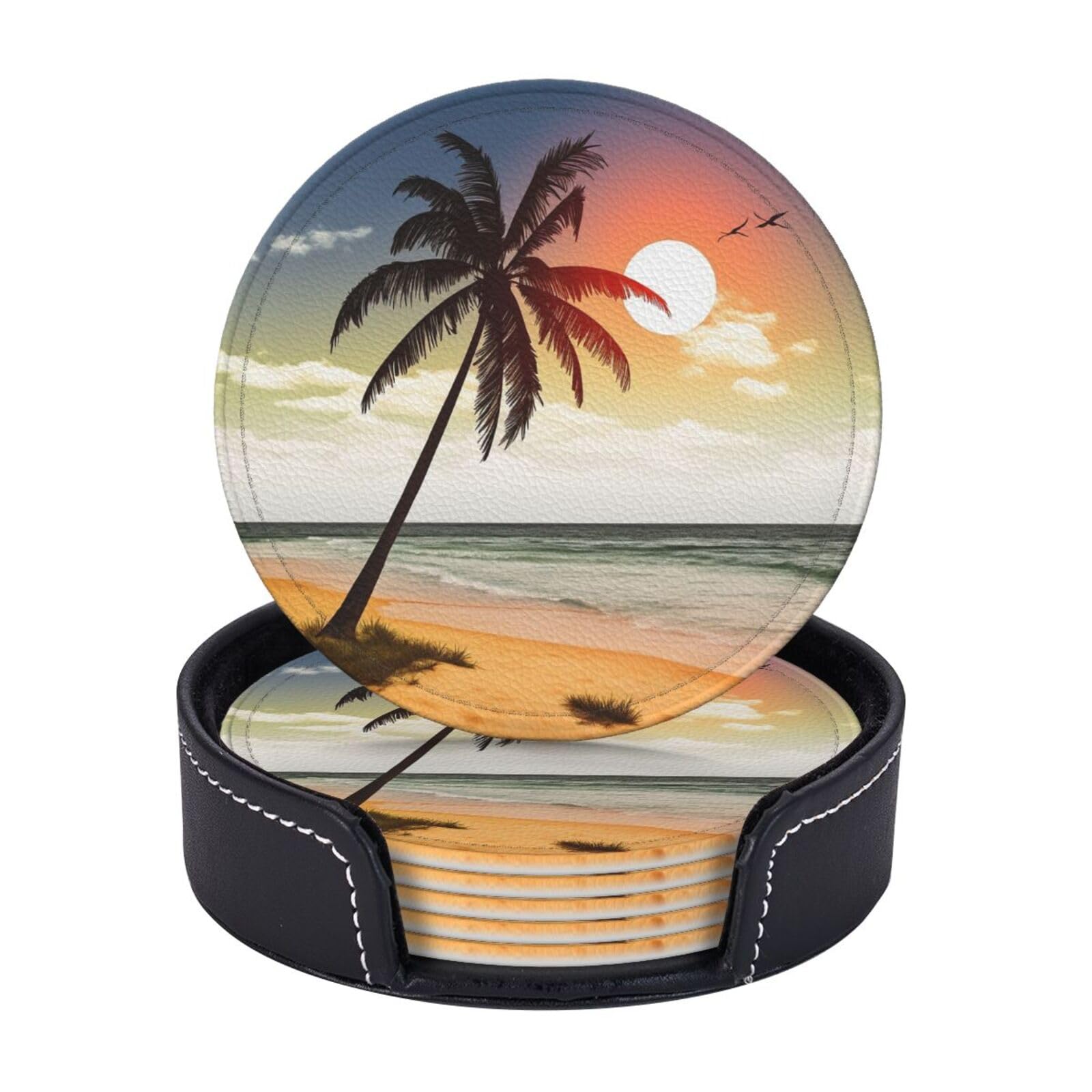 Round Coasters for Drinks Set of 6 - PU Leather Coasters with Holder - Modern Drink Coasters for Coffee Table - Palm Tree on Beach Coaster for Tabletop Protection 4" Cup Mat Pad