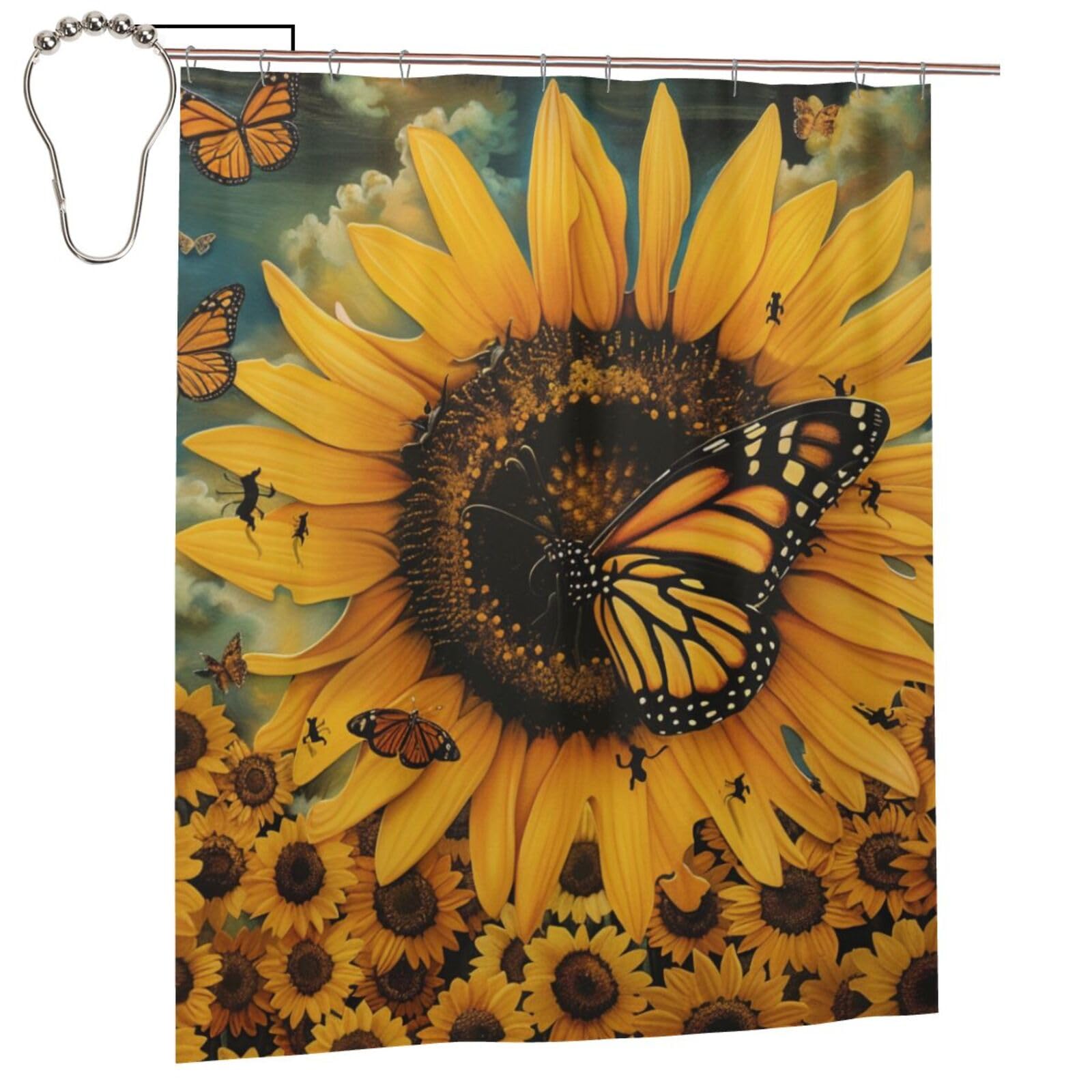 BWWHCCTI butterfly and sunflower Printed Shower Curtain With 12 Iron Hooks Opaque Quick Drying Waterproof Shower Curtains Sets For Bathroom 152x183 Cm
