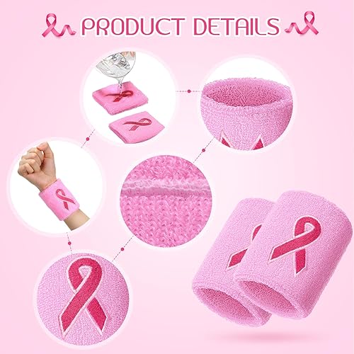Miniatura 3 de 24 pulseras de cinta rosa para concientización sobre el cáncer de mama, gimnasia, deportes, bandas de sudor para muñecas, brazaletes de béisbol para