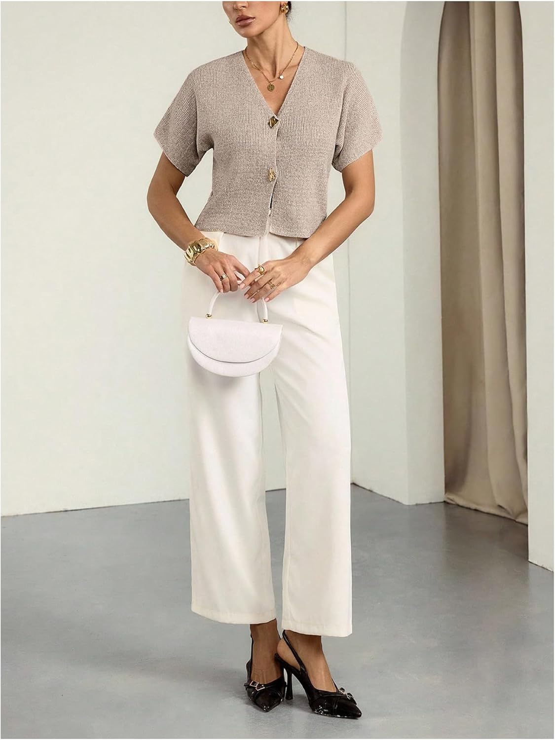 SOLY HUX Women's Short Sleeve Knit Tops V Neck Button Down Cardigan Sweaters Fall Clothes - Image 5