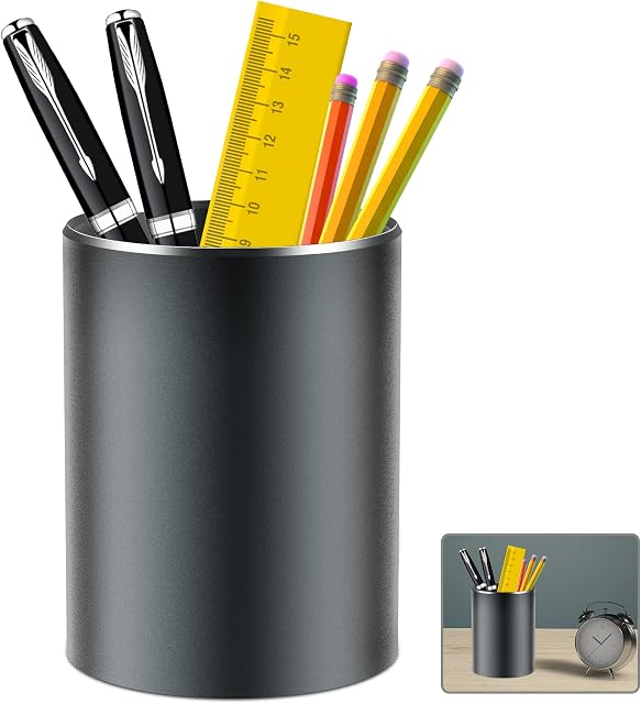 Giecy Pen holder for desk,clear round metal aluminum pen pots desk stationary organisers and pencil holder for Classroom,Office,Home and Kids(Grey)