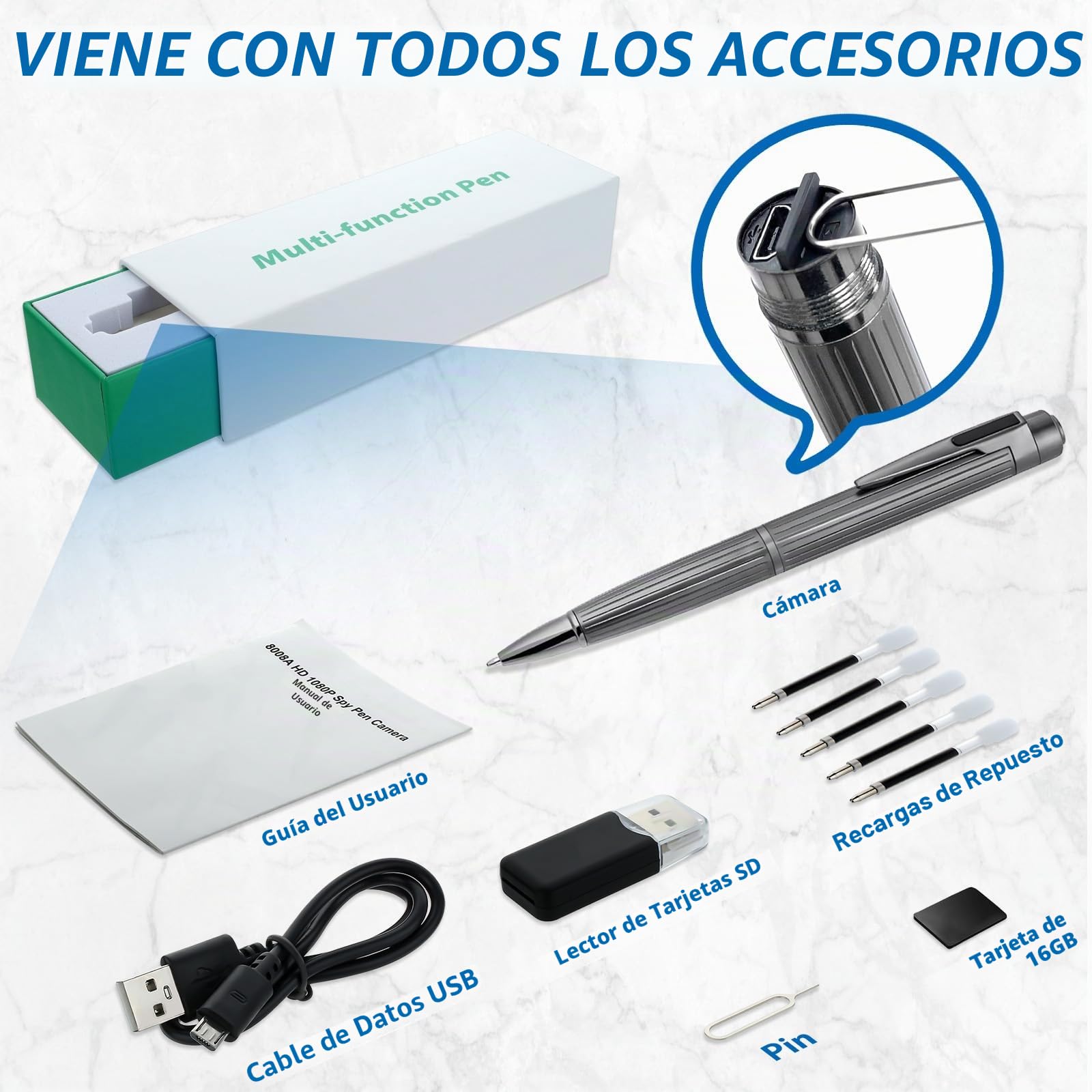 OTADUG Cámara espía con bolígrafo, 16GB Bolígrafo con cámara Oculta, 1080P Cámara Oculta con Monitoreo de Movimiento, Grabación de Video y Audio