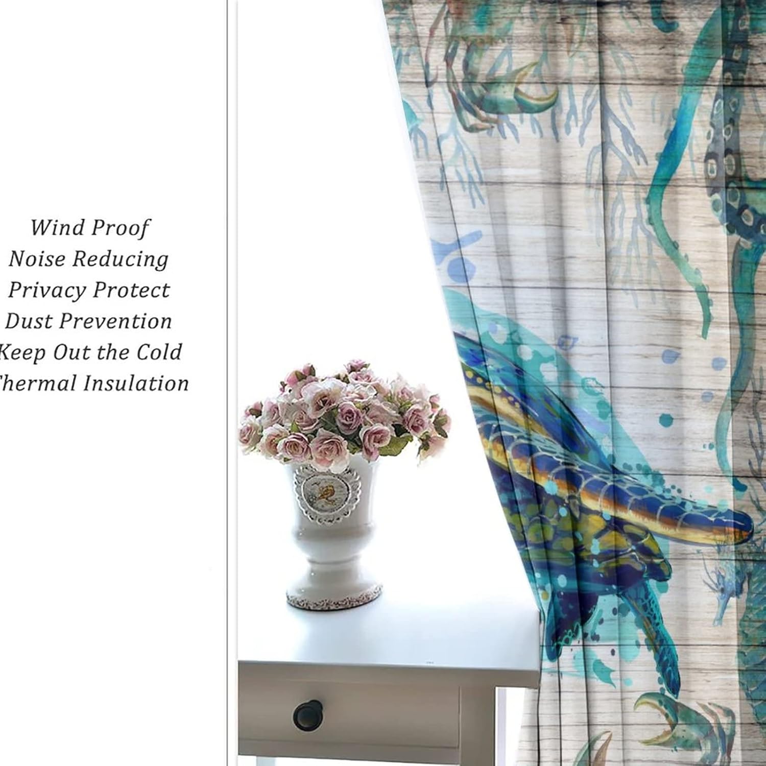 Watercolor Sea Turtle Blackout Curtains for Bedroom,Rustic Wooden Nautical Octopus Crab Ocean Decor Grommet Thermal Insulated Room Darkening Curtains Window Treatments 2 Panels 63L x 21W