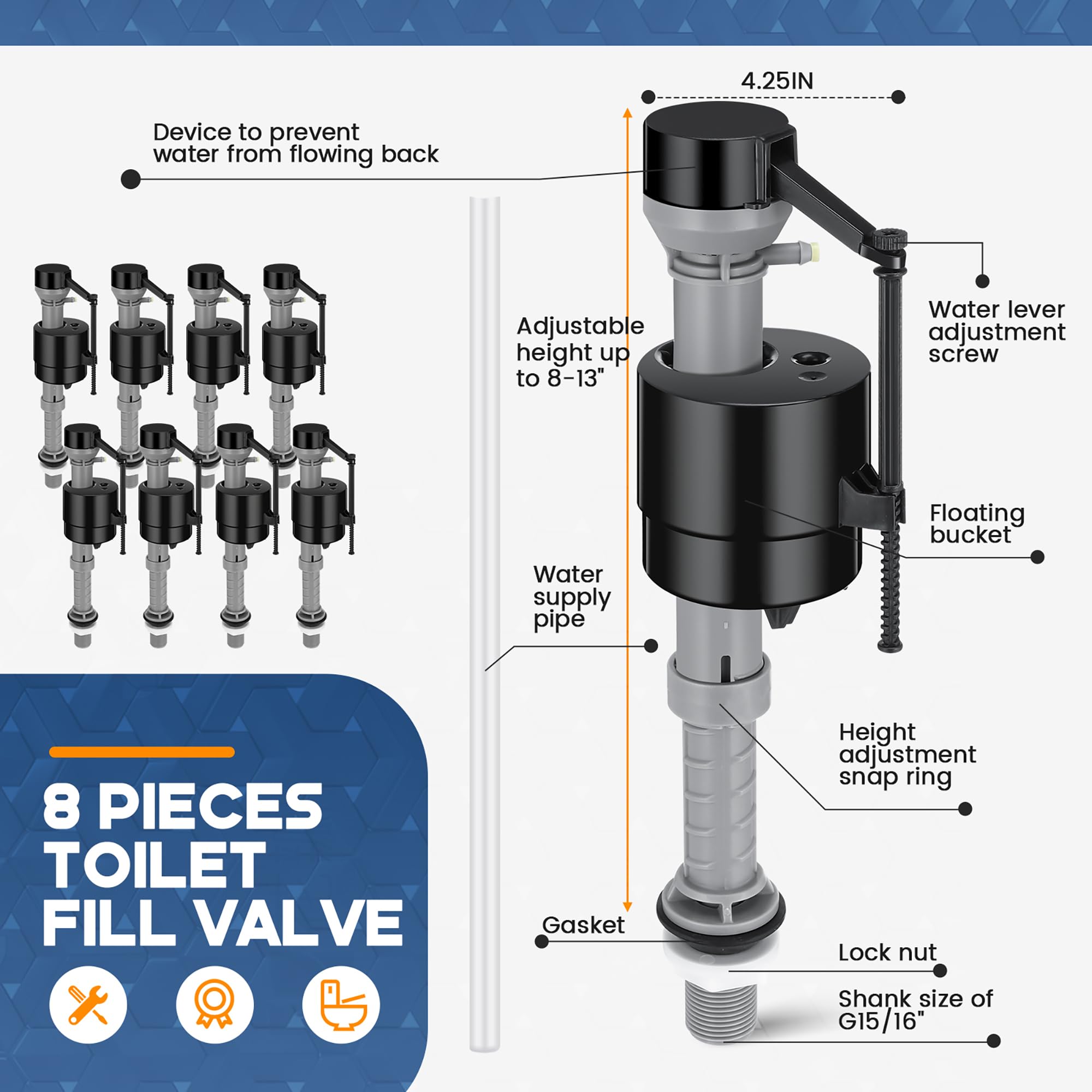 Lasnten Kit de repuesto para tanque de inodoro de 8 piezas | Kit de repuesto de válvula para control de agua de tanque y cuenco