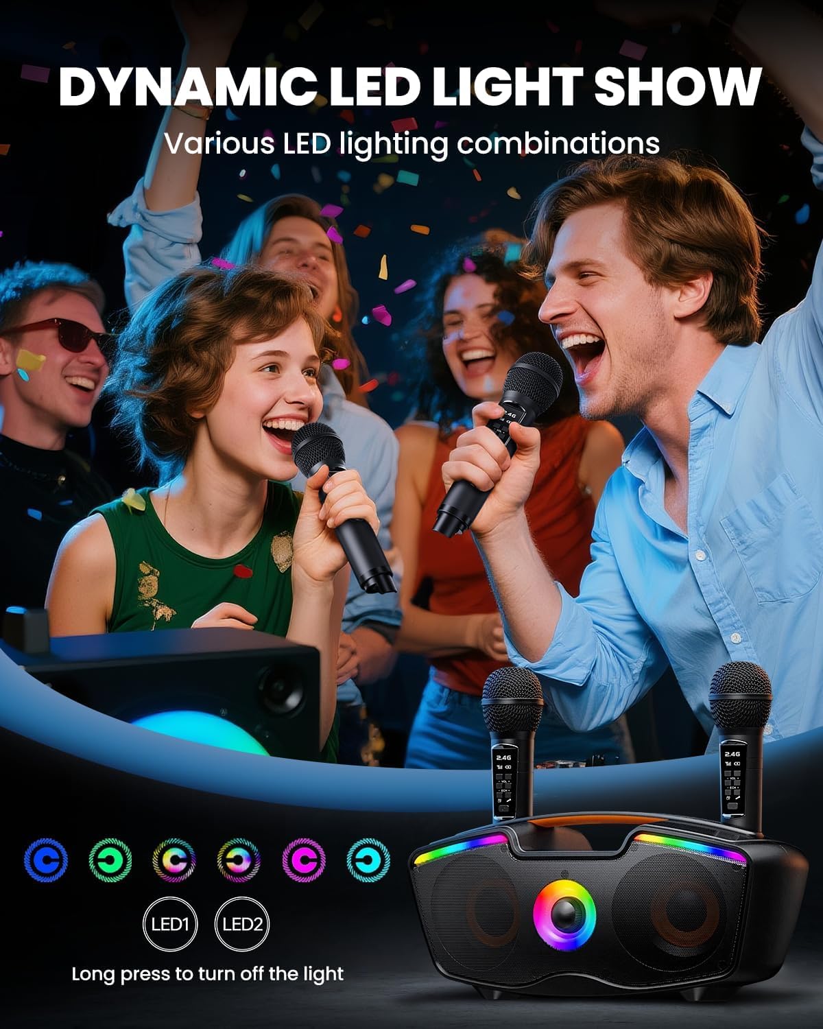Bluetooth-Karaoke-Maschine für Erwachsene und Kinder, Tragbarer 80-W-Lautsprecher mit 2 Kabellosen Mikrofonen, Echo-Regler, Unterstützt USB/AUX/TF-Karte, Geschenkidee für Drinnen und Draußen