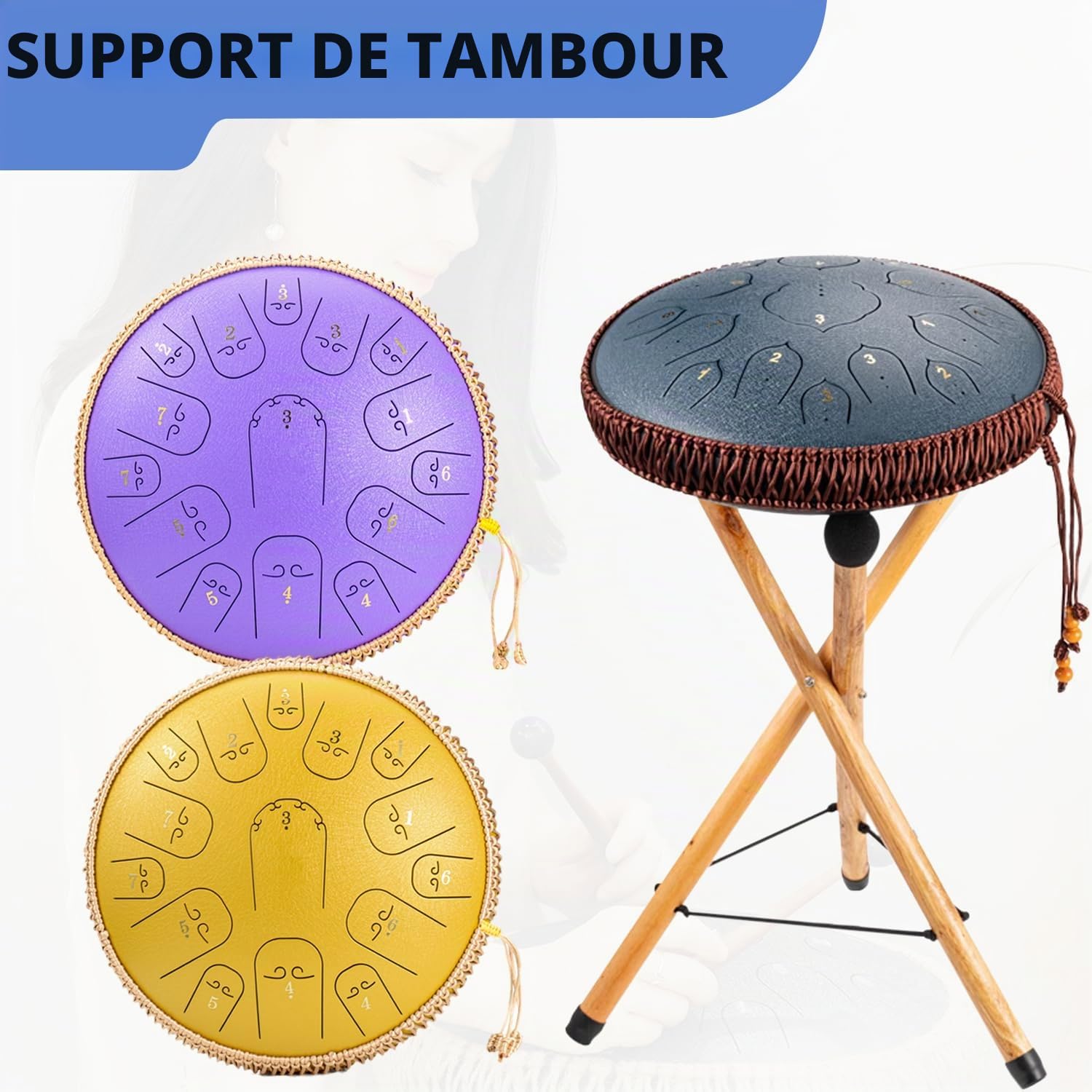 Support de tambour à langue en acier, support de tambour à main en bois de hêtre massif, support de tambour de réservoir, idéal pour instrument de percussion de 10'' à 15''