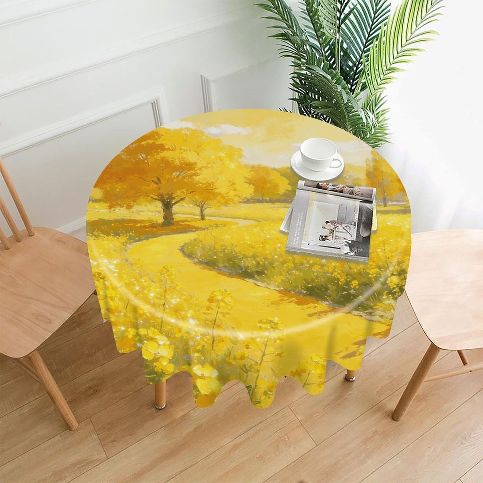 VstaDank Yellow Table Cloth Fashions Washable Round Tablecloth Decorative Table Cover Comfortable Straight Edge Tablecover for Dining Kitchen Party Outdoor 60 Inch