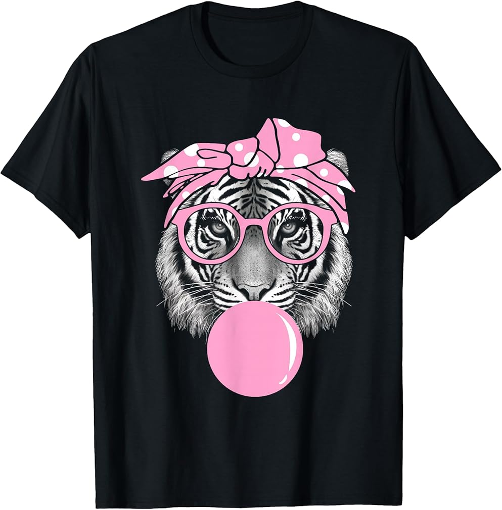 Funny Pink Tiger for Girl Glasses &amp; Pink Bubble Gum T-Shirt