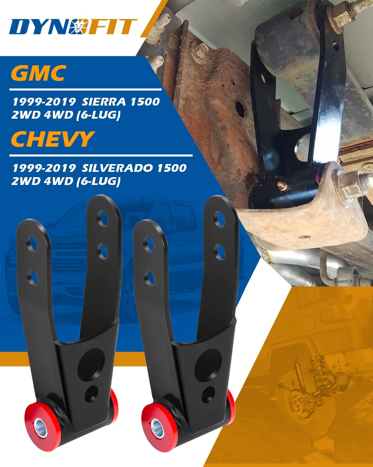 Dynofit 2" Rear Drop Shackles for 1999-2019 Silverado 1500 & Sierra 1500, 1"-2" Lowering Shackle Kit Adjustable Replacement # 410520, Set of 2 Pcs