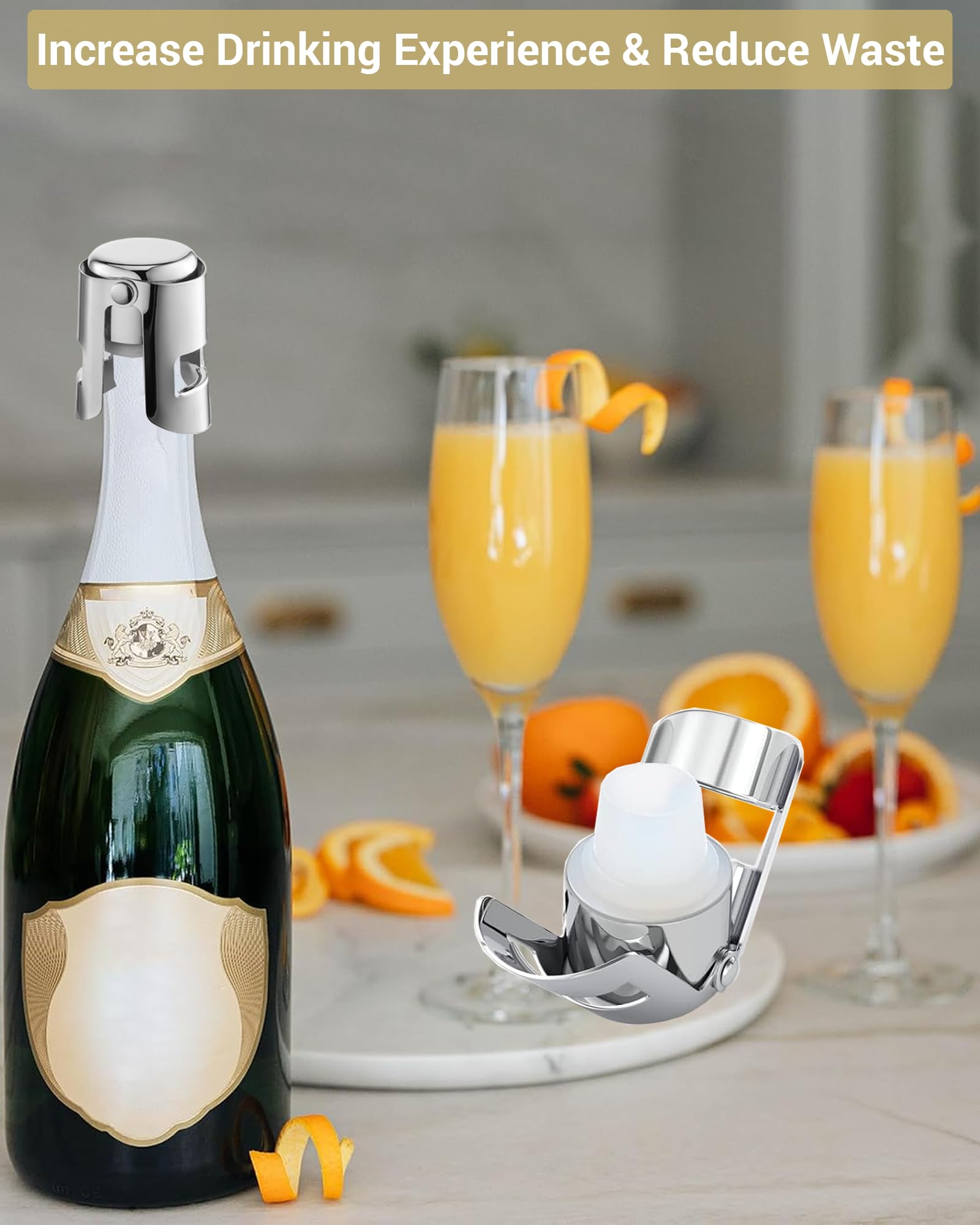 Tapones de champán, paquete de 2 tapones de vino de acero inoxidable a prueba de fugas con sello de silicona para cava, prosecco y más, color plateado 4