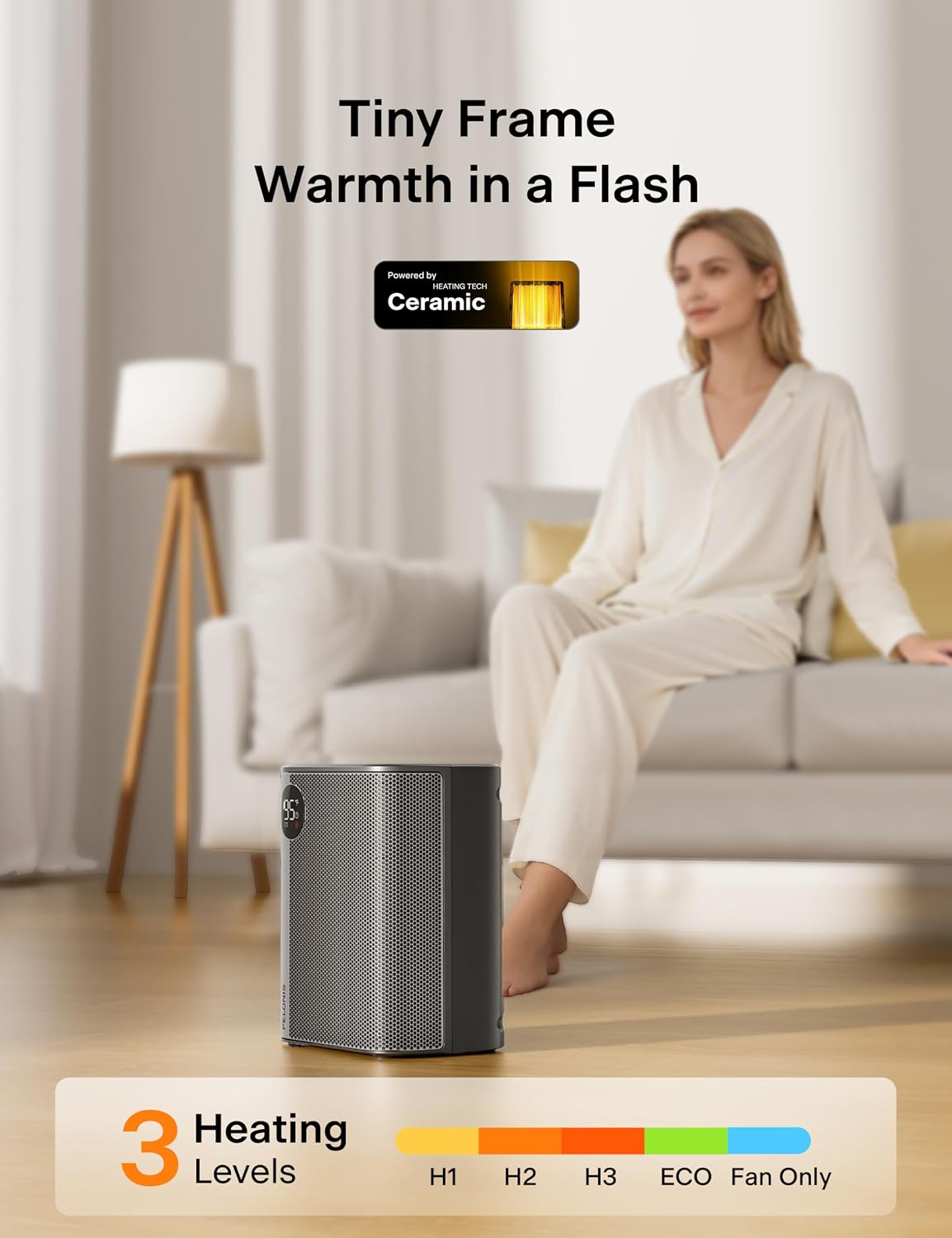 PELONIS 1500W Small Ceramic Space Heater with Remote for Bedroom, Office