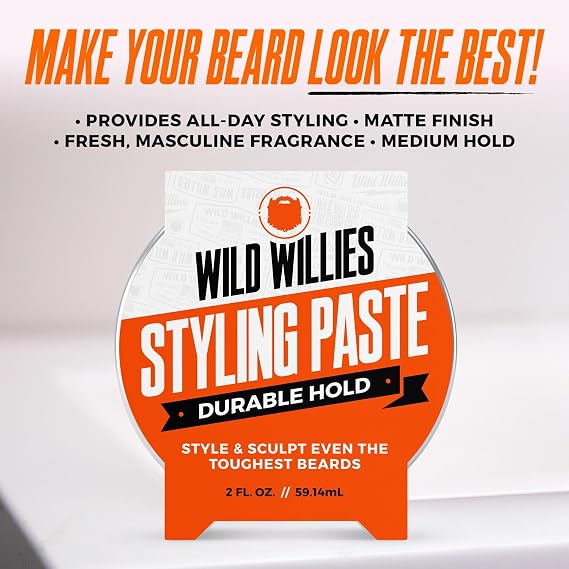 Wild Willies Beard Styling Paste - Men's Grooming Balm with Durable Medium Hold, Hydrates & Tames Flyaway Facial Hair - Non-Greasy, Matte Finish Beard Cream - Essential Beard Care for Men, 2 fl oz