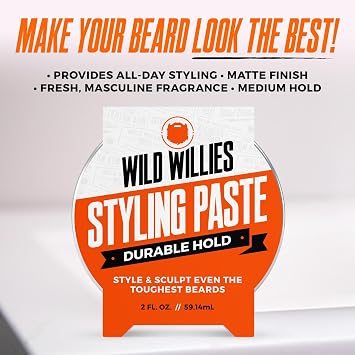 Wild Willies Beard Styling Paste - Men's Grooming Balm with Durable Medium Hold, Hydrates & Tames Flyaway Facial Hair - Non-Greasy, Matte Finish Beard Cream - Essential Beard Care for Men, 2 fl oz