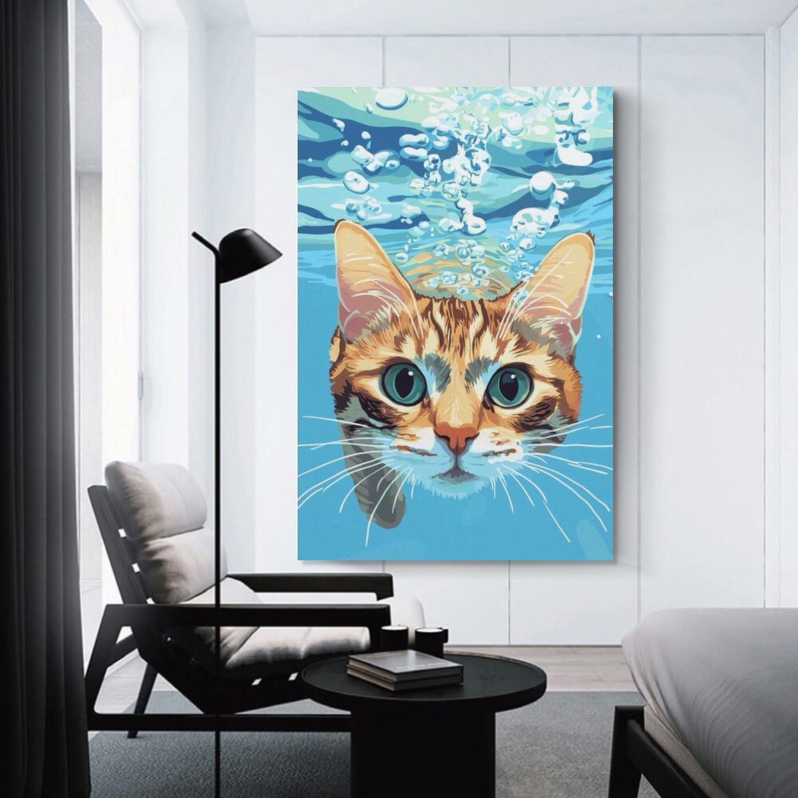 Junmoney Canvas Wall Art Cat Underwater Digital Art, 24x36inch(60x90cm), for New Homes, Bedrooms Or Workspaces, Canvas Artwork with Gifting Potential