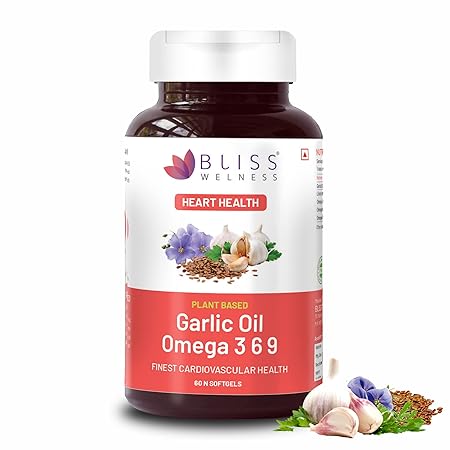 Bliss Welness Organic Garlic Oil + Omega 3 6 9 | Cholesterol & Lipid Profile Management Immunity Boost Heart Health Antioxidant | Cold Pressed Health Supplement - 60 Softgel Capsules