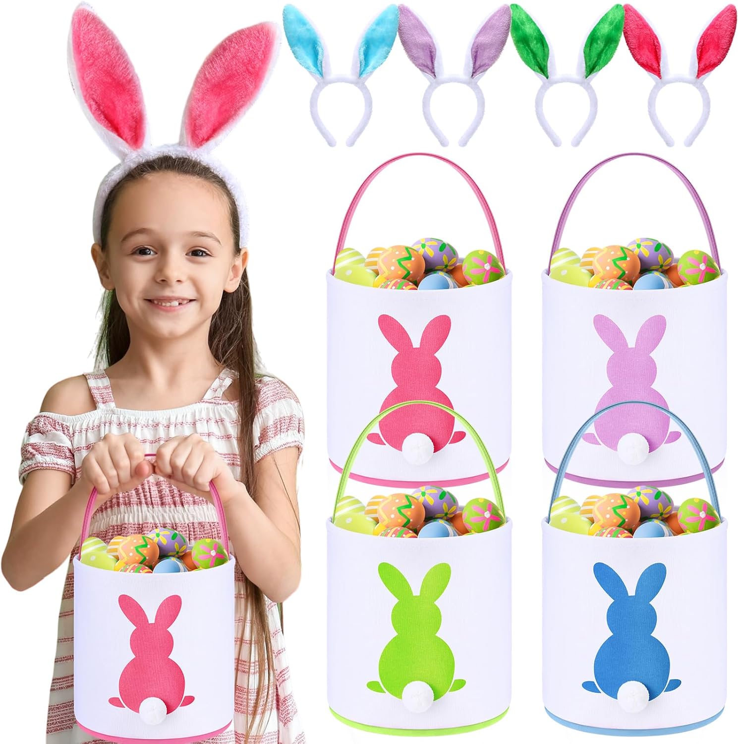 Domensi 4 Pcs Bunny Easter Basket Bags with 4 Plush Bunny Headband for Kids Adults Small Canvas Easter Baskets Bulk for Egg Hunt Favor; 9 x 9.45 Inches