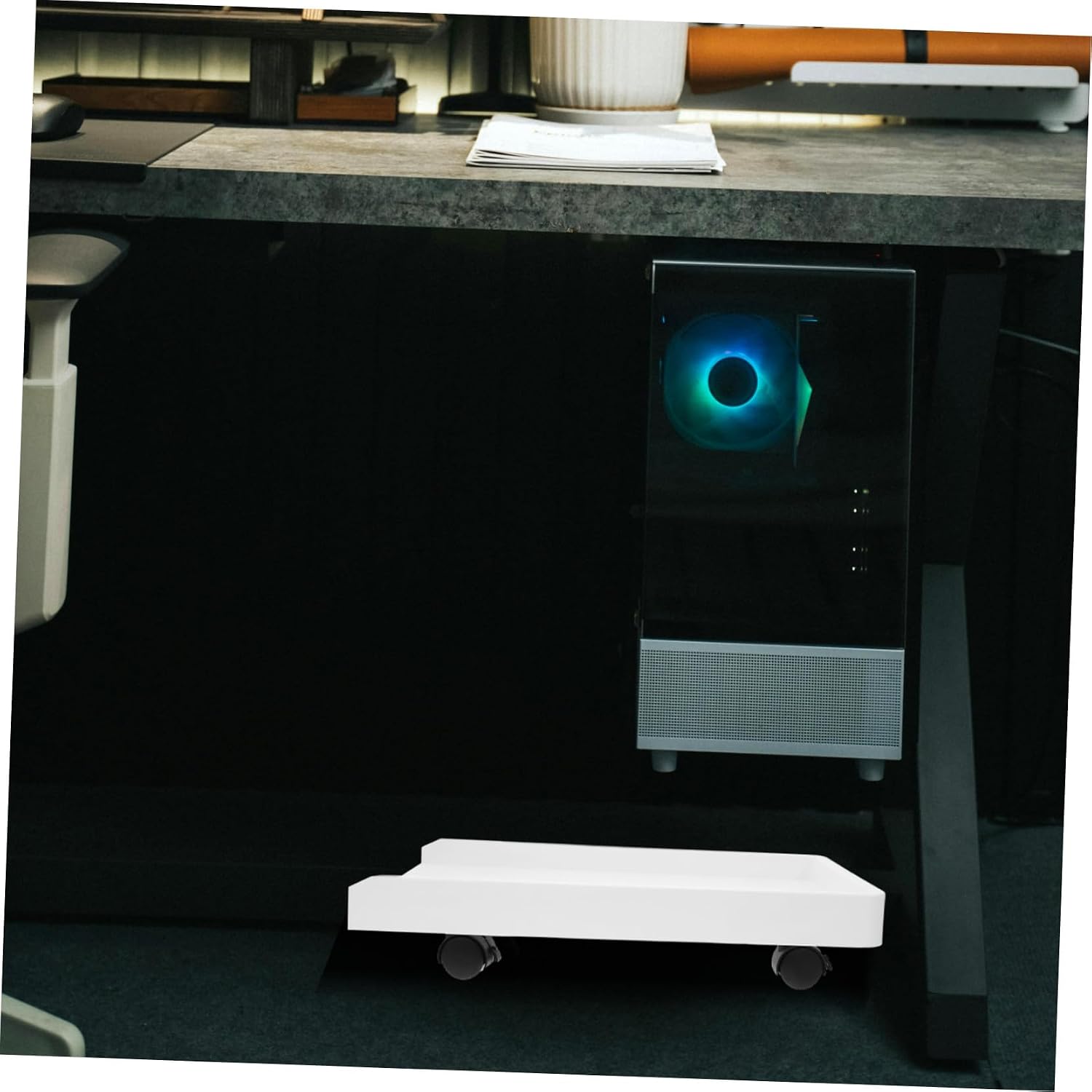 Movable Desktop Tower Stand with Four Locking Wheels Floor PC Holder for Carpeted Floors and Under Desk Use Stable CPU Riser Tray for Easy Mobility and Secure Computer Host