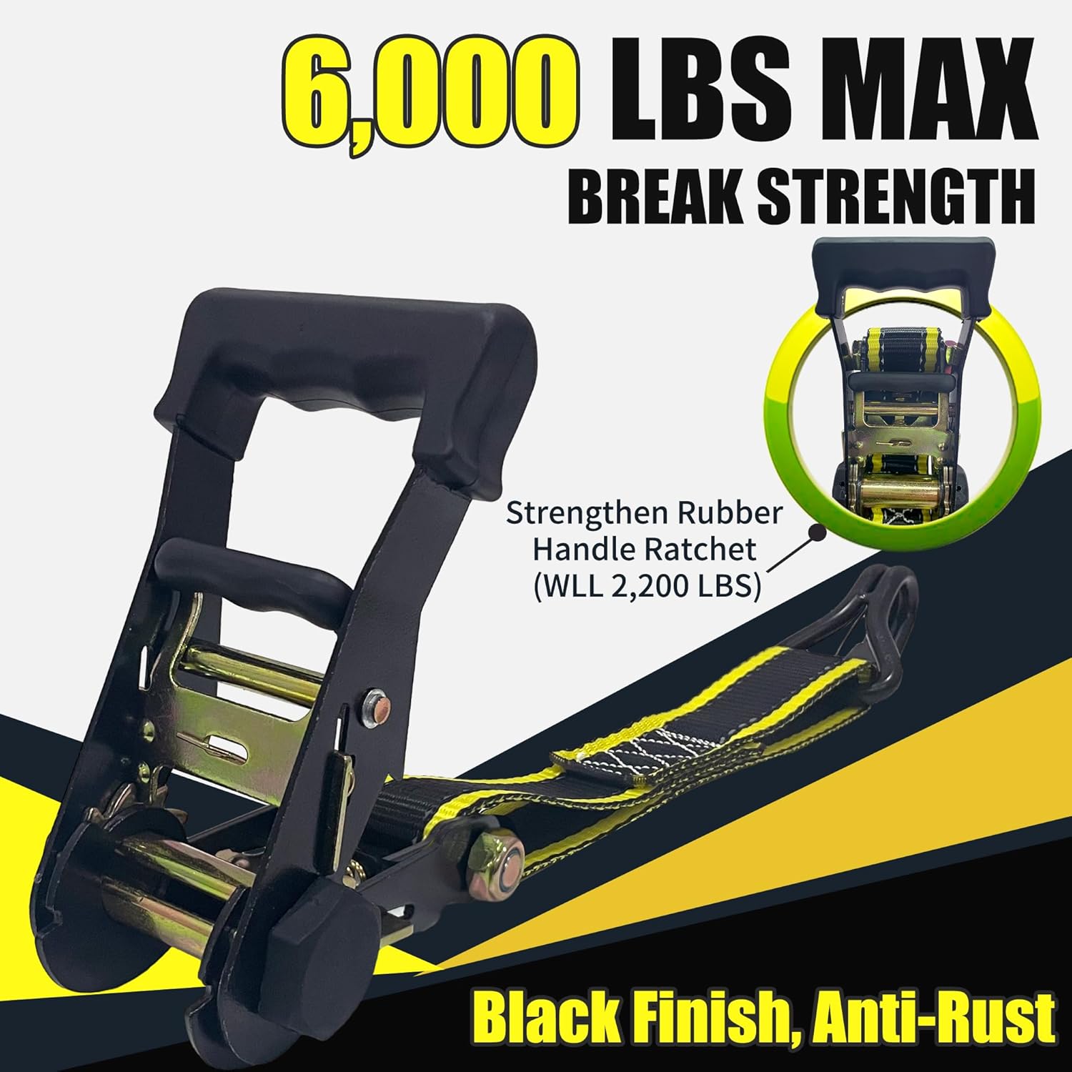 KJE Reflective Ratchet Straps, (4) 1.5" x 15' Tie Down Strap Sets + (4) Soft Loops, TPR Handles & Coated J Hook W/Safety Clip, 6,000lb Break Strength, Cargo Strap for Car, Motorcycle, ATV - Image 3