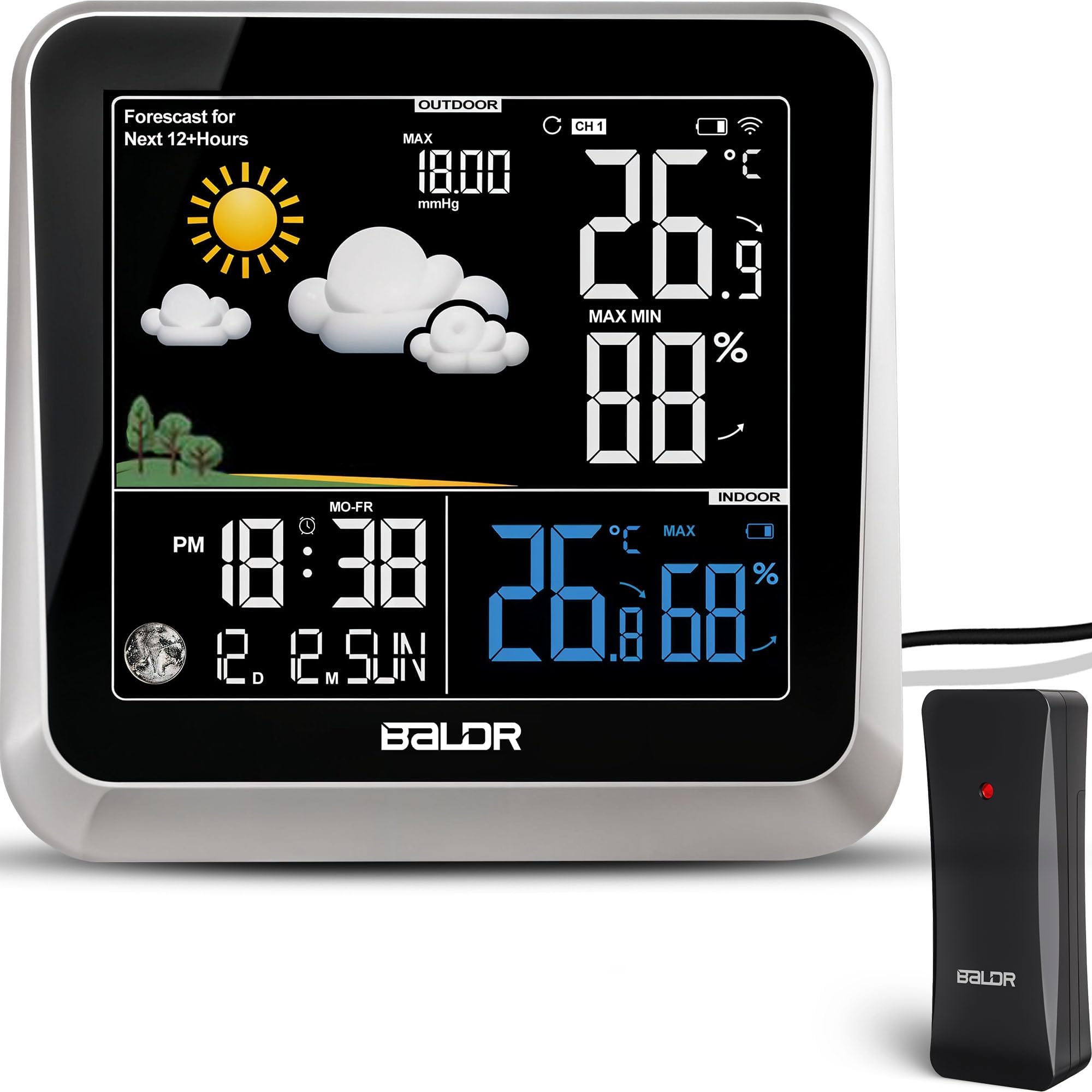 Wireless Indoor-Outdoor Weather Station, Home Personal Weather Station, Weather Forecaster, Wireless Remote Transmitter, Digital Color Display Temperature & Humidity Monitoring w/Outdoor Sensor
