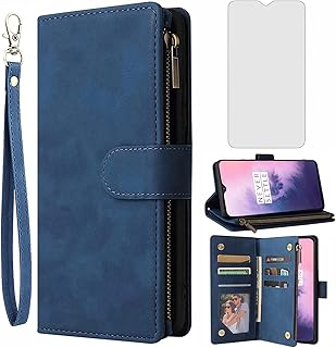 Asuwish Compatible with OnePlus 7 6T Wallet Case Tempered Glass Screen Protector and Flip Cover Card Holder Phone Cases for OnePlus6T A6013 OnePlus7 GM1900 One Plus6T 1+ Plus7 1 Plus 1plus T6 Blue