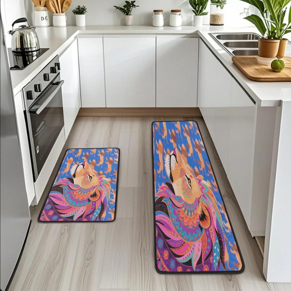 Anti Fatigue Tribal Lion Art Kitchen Mats for Floor 2 Piece Set, Waterproof Non Slip Boho Kitchen Floor Rugs, Comfort Standing Mat for Sink Laundry & Home Kitchen 17"x47"+17"x29"