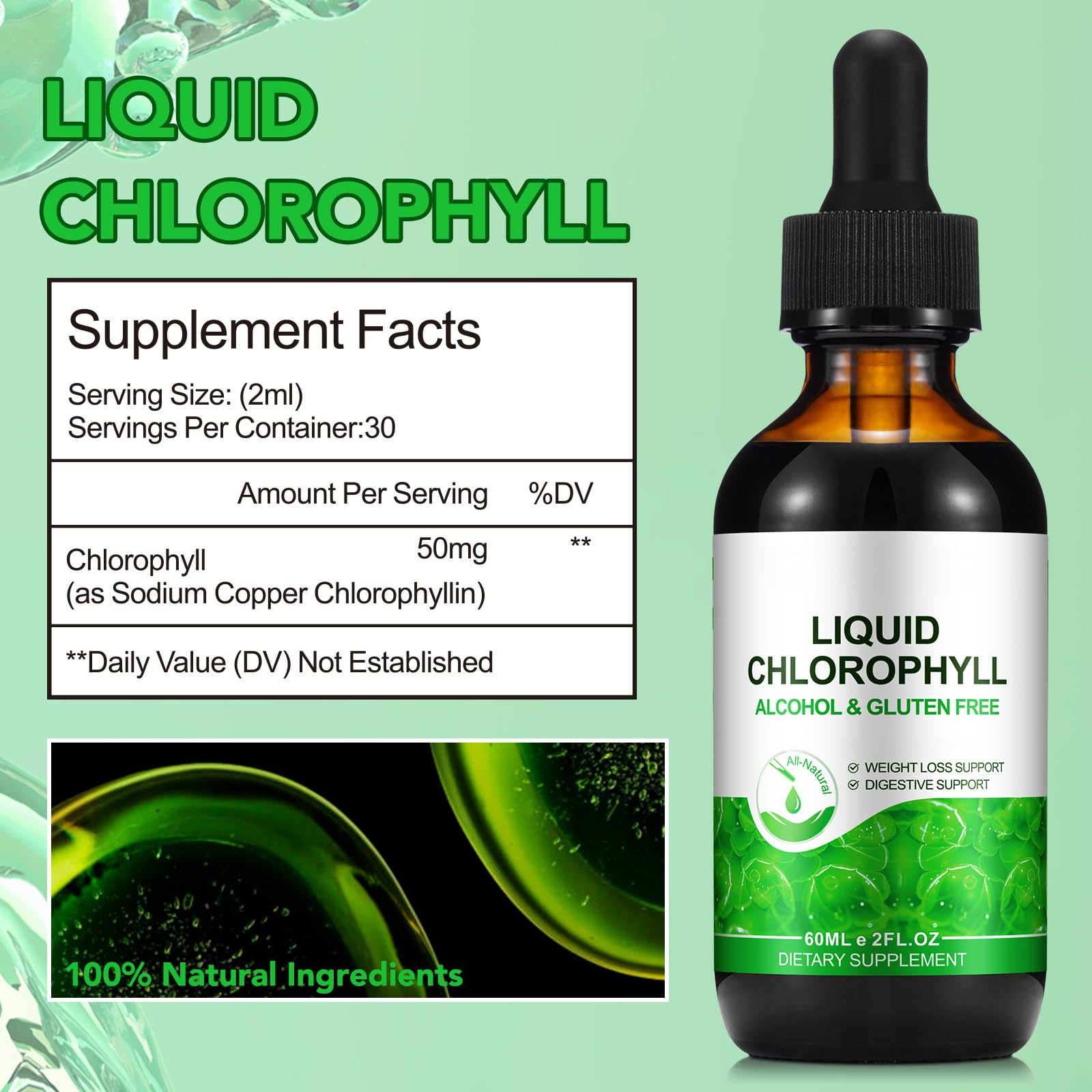 Chlorophyll Liquid Drops 60ml, 100% Natural Organic Liquid Chlorophyll Drops for Body Odor Balance,Fresh Breath, Digestion, Gut Health, Energy, Body Freshness, Peppermint Flavored Fast Absorption — Amazon image 6