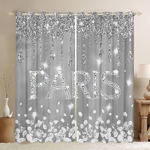 Cortinas opacas de la Torre Eiffel para dormitorio, sala de estar, París de color gris claro, cortinas opacas con estampado de purpurina (sin